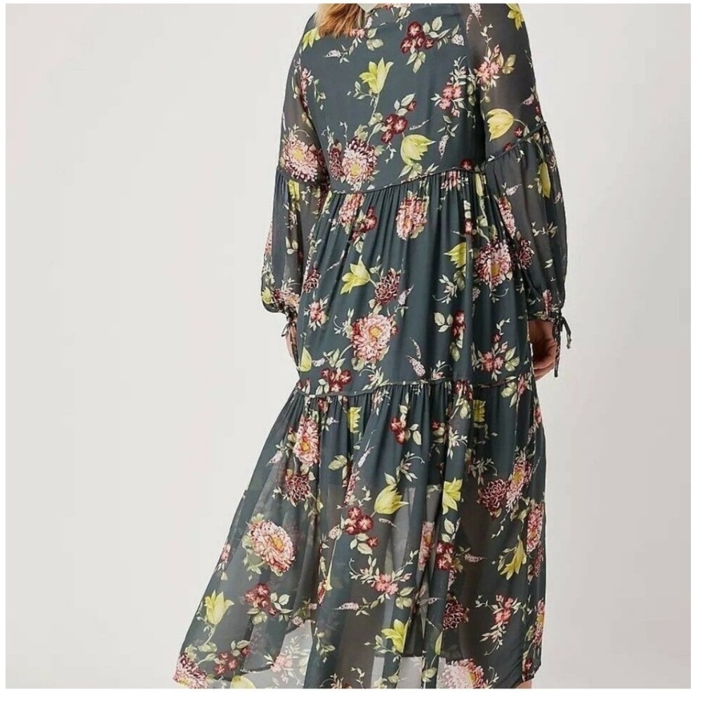 Anthropologie Evelin Floral Maxi Dress Square Neck Tiered Puff Dark Teal XSP - Picture 5 of 11